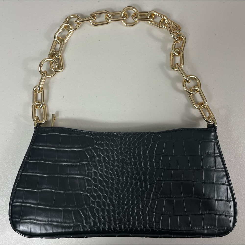 Black Faux Alligator Skin Gold Chain Shoulder Bag